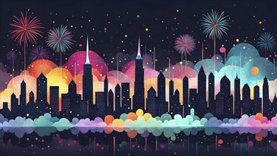 Minimalist, geometric skyline at night, with subtle fireworks in the sky, represented by colorful