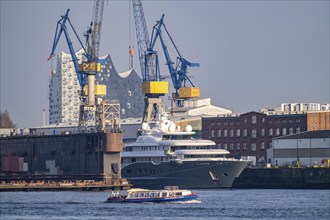 Port of Hamburg, Blohm + Voss shipyard, mega yacht Radiant, being converted and extended, Blohm +