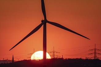 Emschergenossenschaft wind turbine, view to the west, in Essen, sunset, North Rhine-Westphalia,