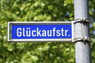 Street sign of Glückaufstraße in Essen-Stoppenberg, former miners' settlement, North