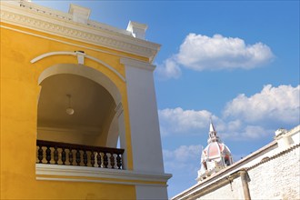 Famous colonial Cartagena Walled City, Cuidad Amurrallada, and its colorful buildings in historic