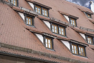 Dormer windows on the historic Unschlitthaus, built in 1491, Obere Wörthstr. 26, Nuremberg, Middle