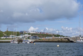 View from south-east to harbour facilities, Unterland and Oberland, offshore island Helgoland, blue