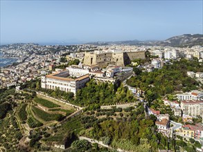 Castel Sant'Elmo and Charterhouse and Museum of San Martino from a drone, Campania, Italy, Europe