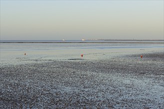 Evening mood on the Wadden Sea at low tide, Norderney Island, car ferries in the light of the