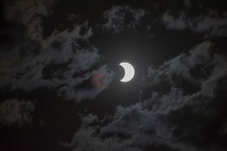 Partial solar eclipse with light cloud cover on 2 October 2024 in Buenos Aires, Argentina, South