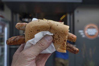 Kulmbach sausages in a roll, Kulmbach, Upper Franconia, Bavaria, Germany, Europe