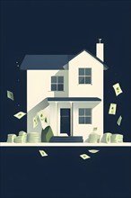 Minimalist render of a residential house with money scattered around as symbol of of investment