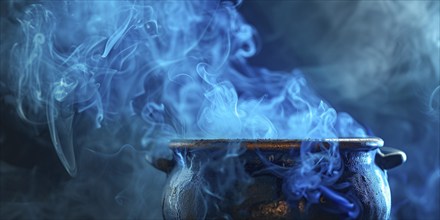 Banner with Halloween witch cauldron with blue smoke. Generative AI, AI generated