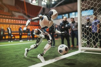 Humanoid robot playing football in a stadium, AI generated