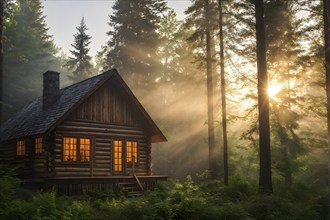 Rustic log cabin nestled in a dense evergreen forest, AI generated