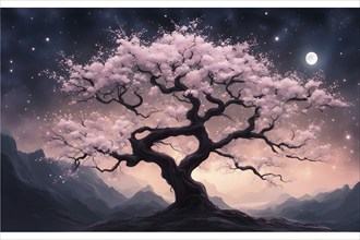 Sakura tree blossoming with pink petals and branches reaching towards a star studded night sky, AI