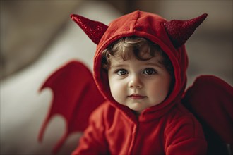 Boy child wearing red Halloween devil costume hoodie with horns and wings. Generative Ai, AI