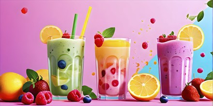 Abstract wallpaper of smoothie surrounded by an assortment of fruits and vegetables, AI generated