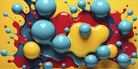 Abstract image with vibrant blue and red blobs and liquid shapes on a yellow background, AI