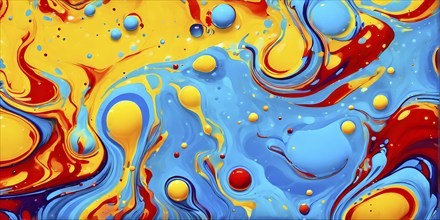 Abstract image with vibrant blue and red blobs and liquid shapes on a yellow background, AI