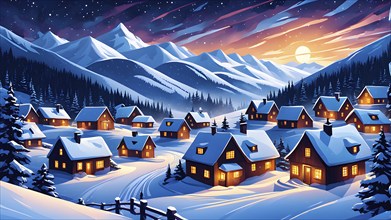 Cozy winter night scene with abstract forms representing a snow-covered village, AI generated