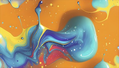 Abstract wallpaper with colorful turquoise and yellow blobs and liquid shapes on a orange