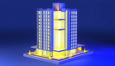 Three dimensional rendering of an illuminated modern high-rise office building, AI generated