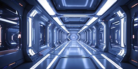 Three dimensional render of futuristic corridor inside a spaceship or space station, AI generated