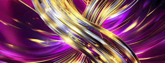 Abstract Illustration of energetic and dynamic swirl of gold, silver, and deep magenta hues,