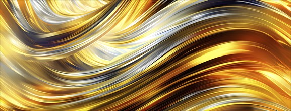 Abstract Illustration of energetic and dynamic swirl of gold, silver, and deep orange hues,