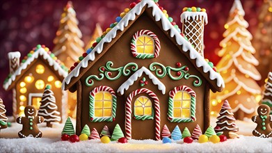 Abstract wallpaper illustration of of gingerbread house decoration, AI generated