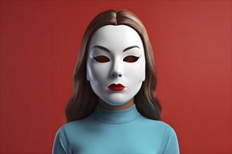 Thoughtful woman besides oversized female mask, AI generated