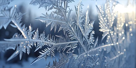 Detailed close-up of frost patterns on a glass window, AI generated