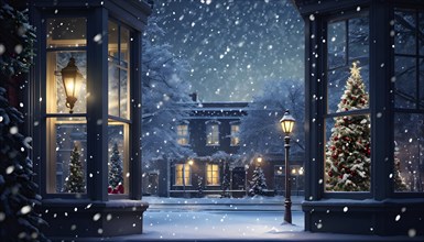 Christmas Eve with snowflakes fall under the light of a streetlamp with a decorated tree in the