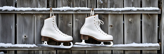 Pair of vintage ice skates hanging by their laces on an old wooden fence with frost and snow gently