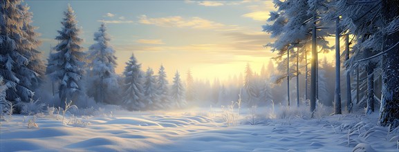 Peaceful snowy forest clearing at dawn with snow softly blanketing the ground and frost-covered