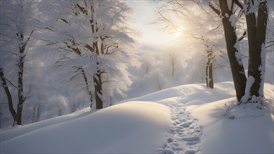 Footprints in fresh snow on a hill with a row of trees in winter in golden sunrise light, AI