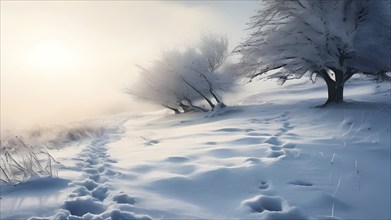 Footprints in fresh snow on a hill with a row of trees in winter in golden sunrise light, AI