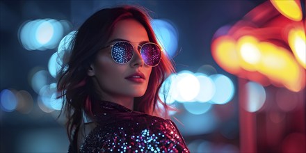 Woman with sun glasses standing against sparkling bokeh lights at night, AI generated