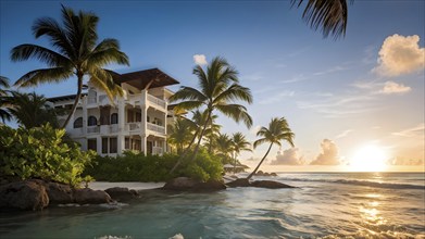 Sunrise at a caribbean coast real estate beach resort with tropical palms, AI generated