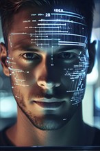 3d digital facial recognition displaying a male face with overlaid ai biometric data, AI generated