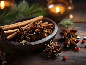 Christmas spices like cinnamon sticks, star anise, and cloves arranged on a wooden table, with soft