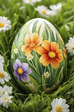 Painted Easter egg nestled in a bed of fresh green grass, showing intricate hand-painted floral