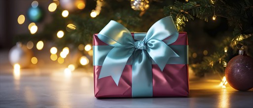 Close-up of a beautifully wrapped Christmas gift with a satin ribbon, set under a glowing Christmas