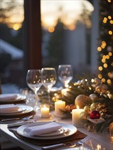 Close up of Christmas dinner table with traditional festive foods and ambient candlelight, AI