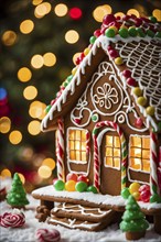 Gingerbread house decorations, focusing on the intricate icing details, colorful candy, and soft,