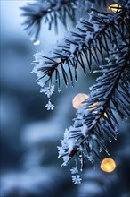 Detailed shot of frosted pine branches with twinkling fairy lights and icicles hanging, creating a