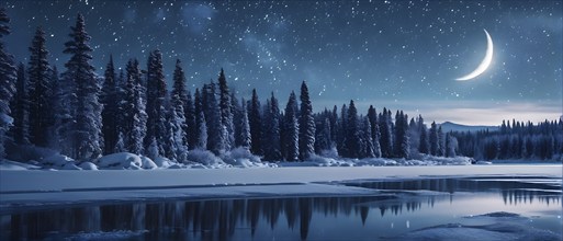 Tranquil winter night scene with a crescent moon and stars shining brightly over a frozen lake,