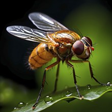 Close up of a fruit fly set against a blurred green foliage, AI generated