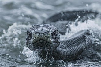 Close up mythical of sea serpent Jormungandr in water. Generative Ai, AI generated