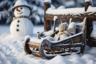 Rustic wooden sleds with frost covered branches and a snowman in the background, AI generated