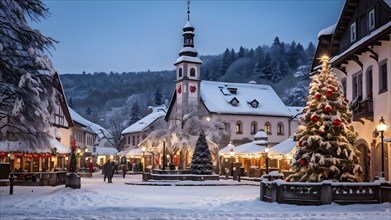 Charming village square decorated for the holidays, with snow-covered rooftops and strings of