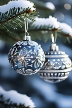 Set of Christmas ornaments hanging on a snow-covered pine tree branch, with frost clinging to the