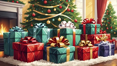 Abstract illustration of wrapped Christmas gifts, shiny ribbons and bows, stacked under a evergreen